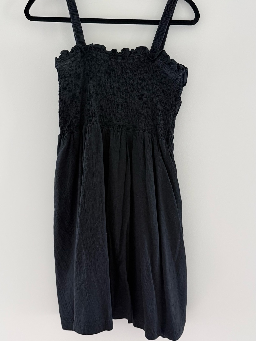 Black Smocked Mini Dress with Ruffle Neckline